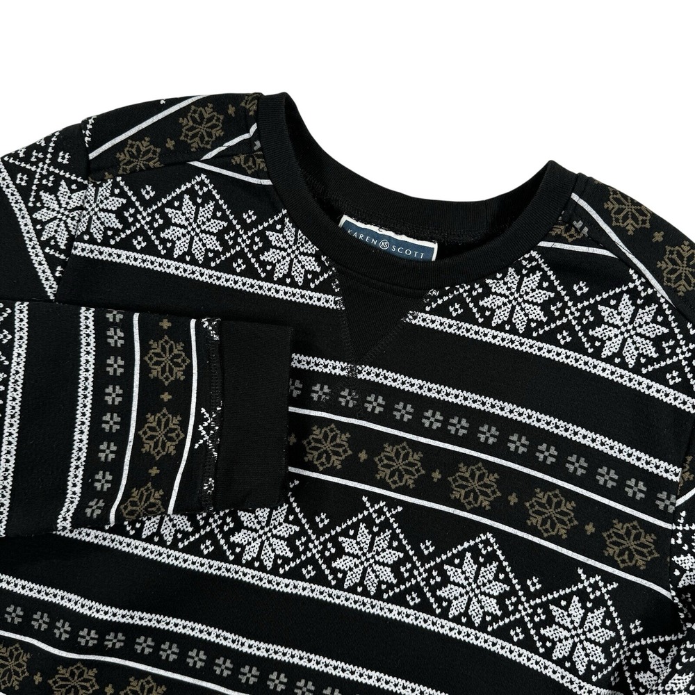 Karen Scott Sport Black Snowflake Fair Isle‎ Print Long Sleeve Crewneck Women XS